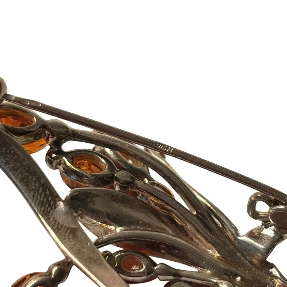 Vintage 925 Sterling Silver Baltic Amber Floral Branch Brooch Pin Signed 2.5”